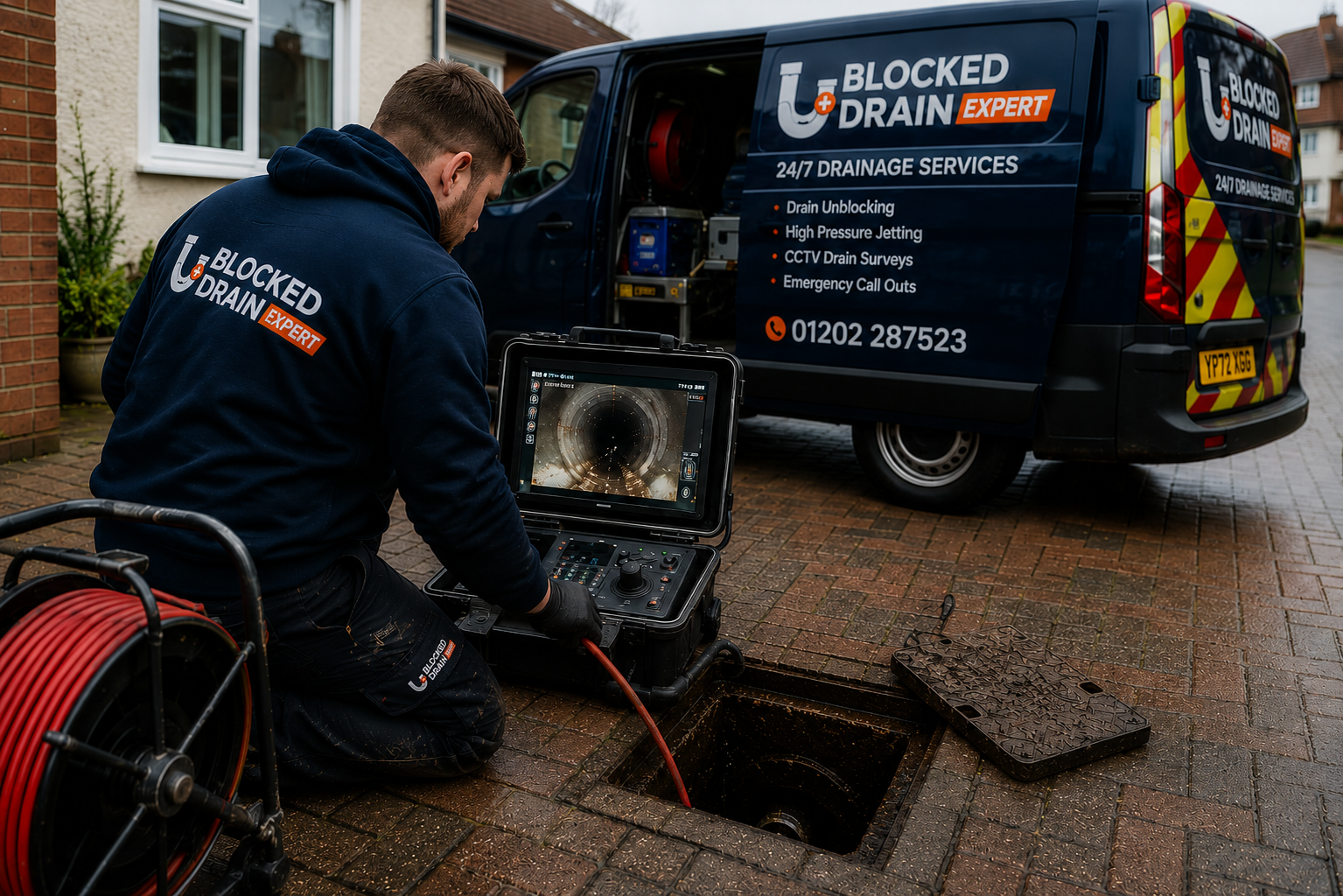 Blocked Drain Expert engineer carrying out a CCTV drain survey beside a drainage van